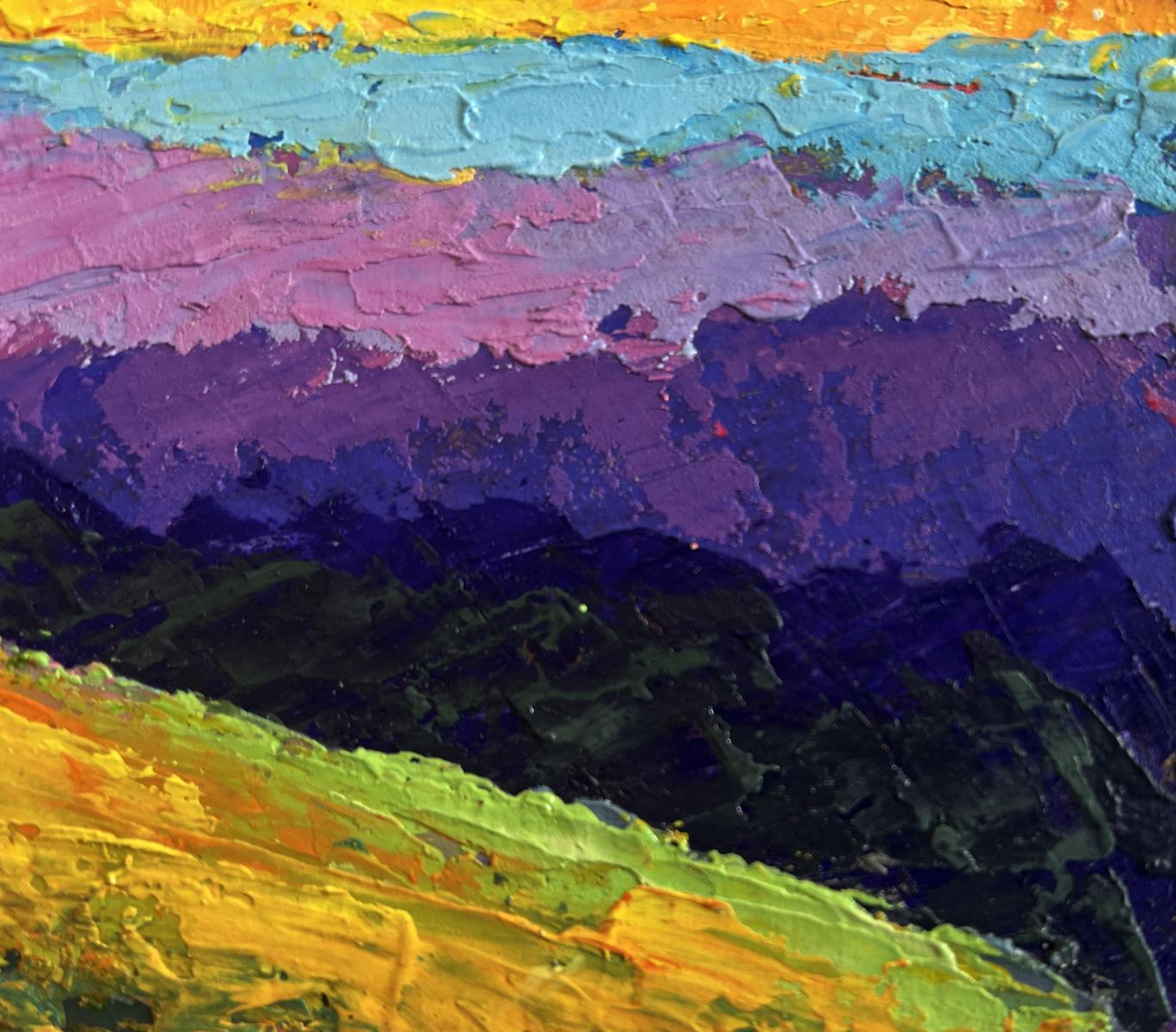 Vibrant sunset oil painting by V. Zadorozhnya with textured yellow turquoise hues
