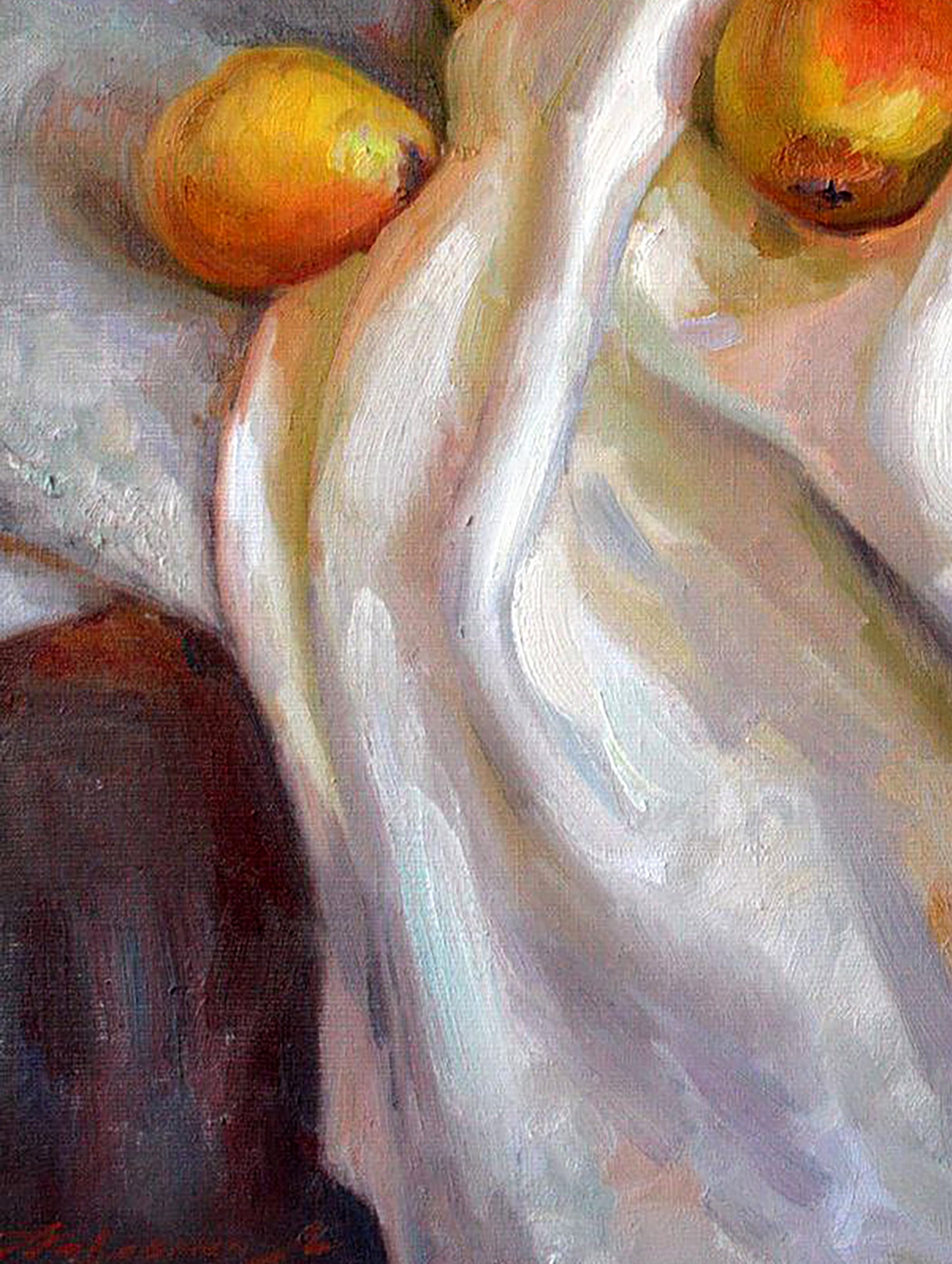 Oil painting of Grandma’s pears by Leonid Pavlenko with textured white fabric