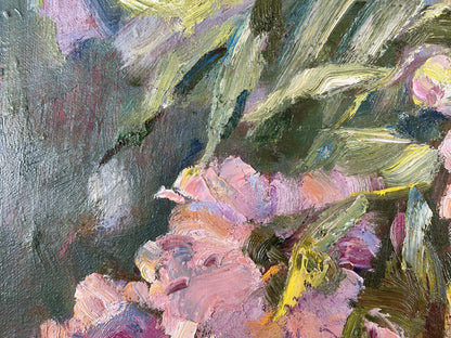 Oil painting Silent fragrance by Ivan Kovalenko with pink purple blossoms