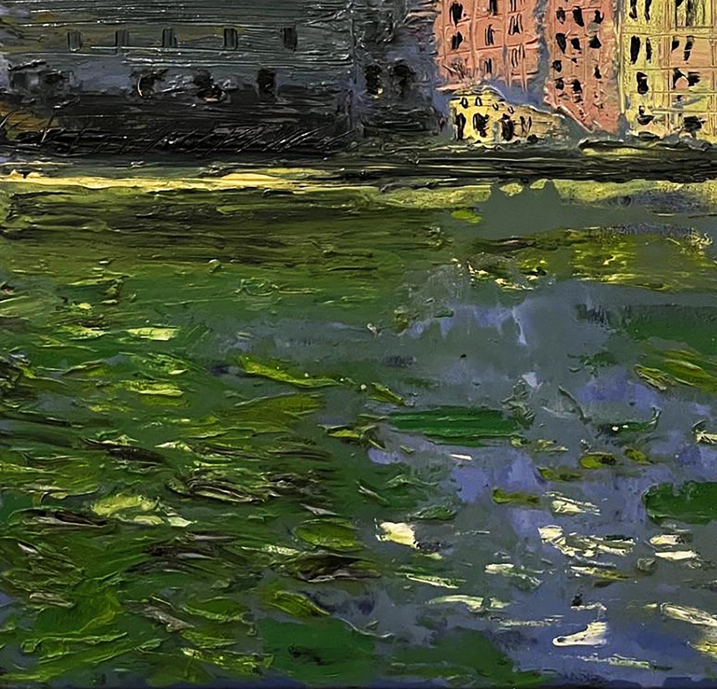 Oil painting Sobre Natureza Serhiy Kovalev: textured river reflecting buildings