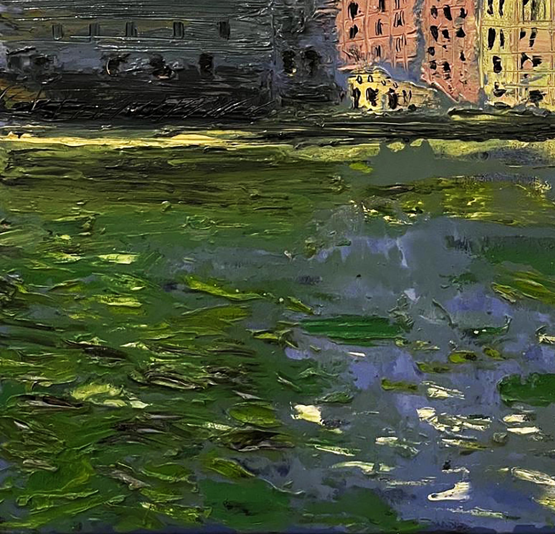 Oil painting Sobre Natureza Serhiy Kovalev: textured river reflecting buildings