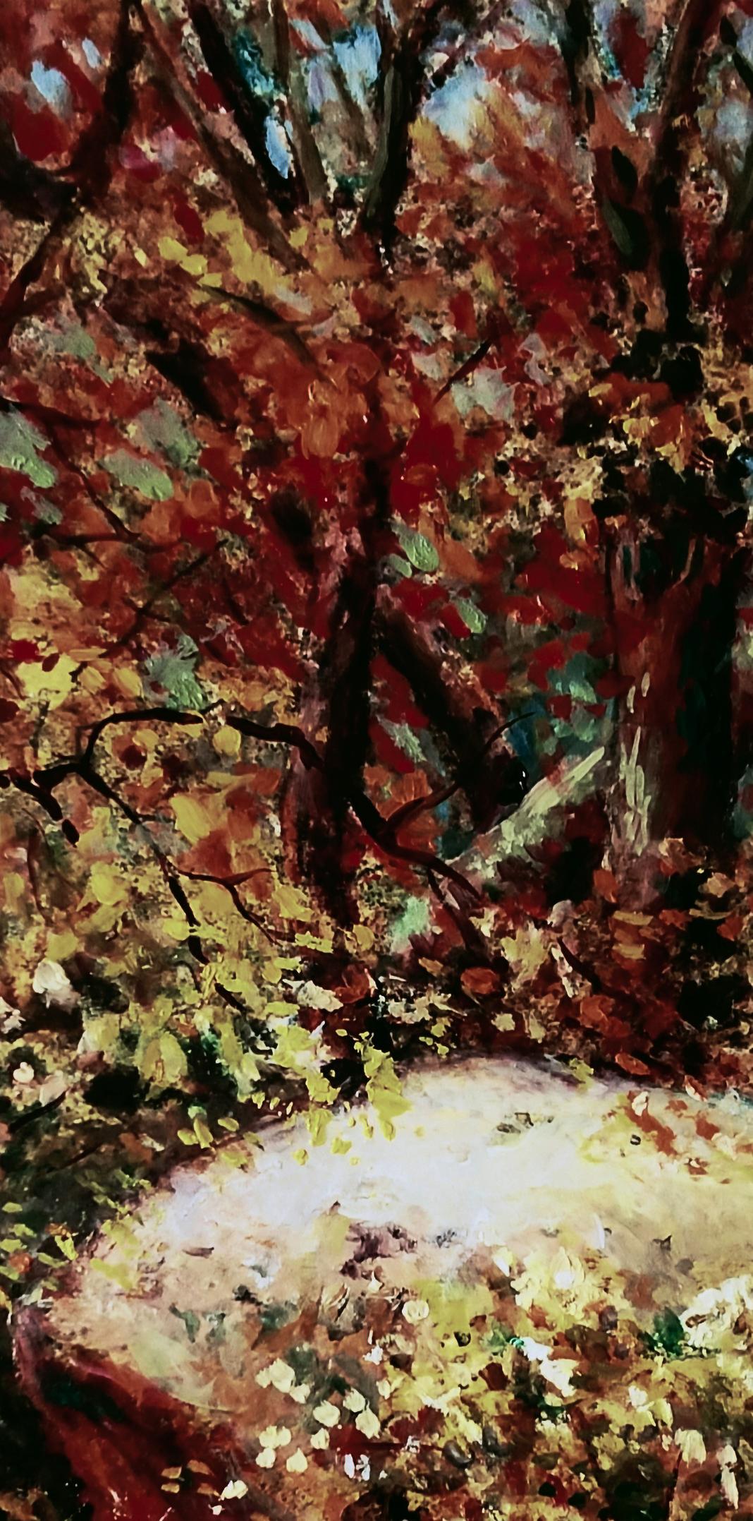 Vibrant autumn forest oil painting by Vitaly Duhnevich with bold reds and golds