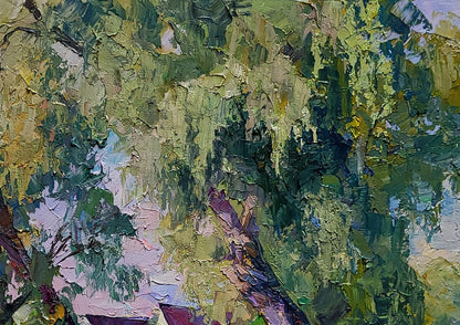 Oil painting of willows near the yard by Boris Serdyuk