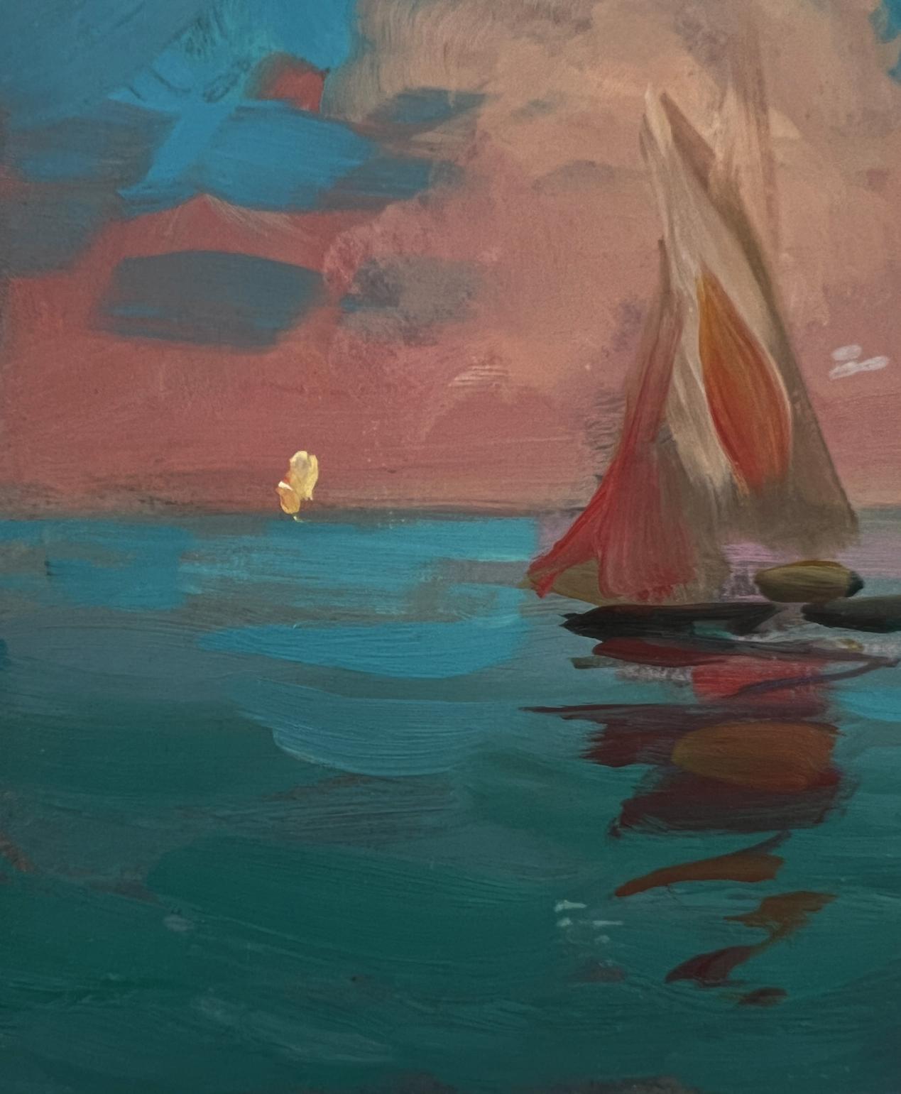 Oil painting Sunset at sea with sailboat by Yuriy Suprunchuk