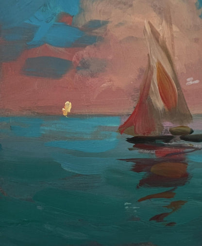 Oil painting Sunset at sea with sailboat by Yuriy Suprunchuk