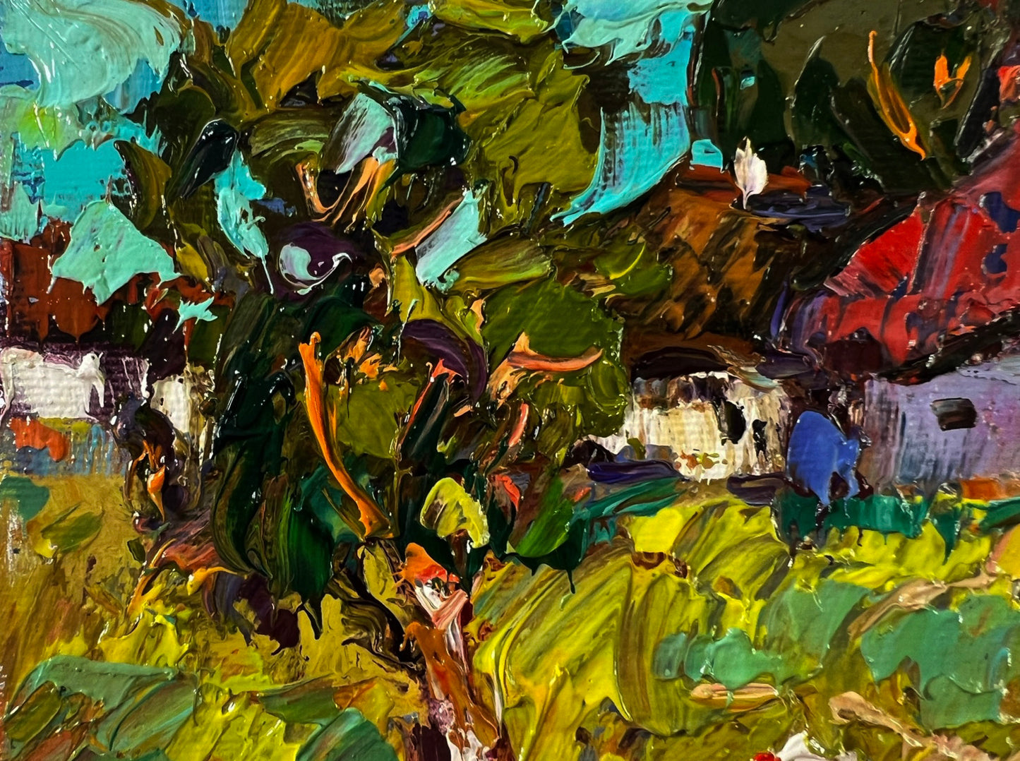 Vibrant impressionist oil painting of chickens in village yard by Oksana Ivanyuk