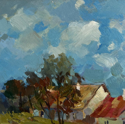 Vibrant impressionist oil painting of houses in forest by Yuriy Suprunchuk
