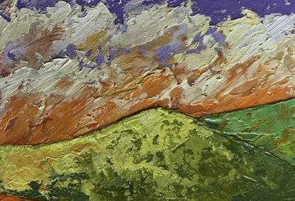 Oil painting Sunset on the mountain top by V. Zadorozhnya, textured impasto purple white orange green