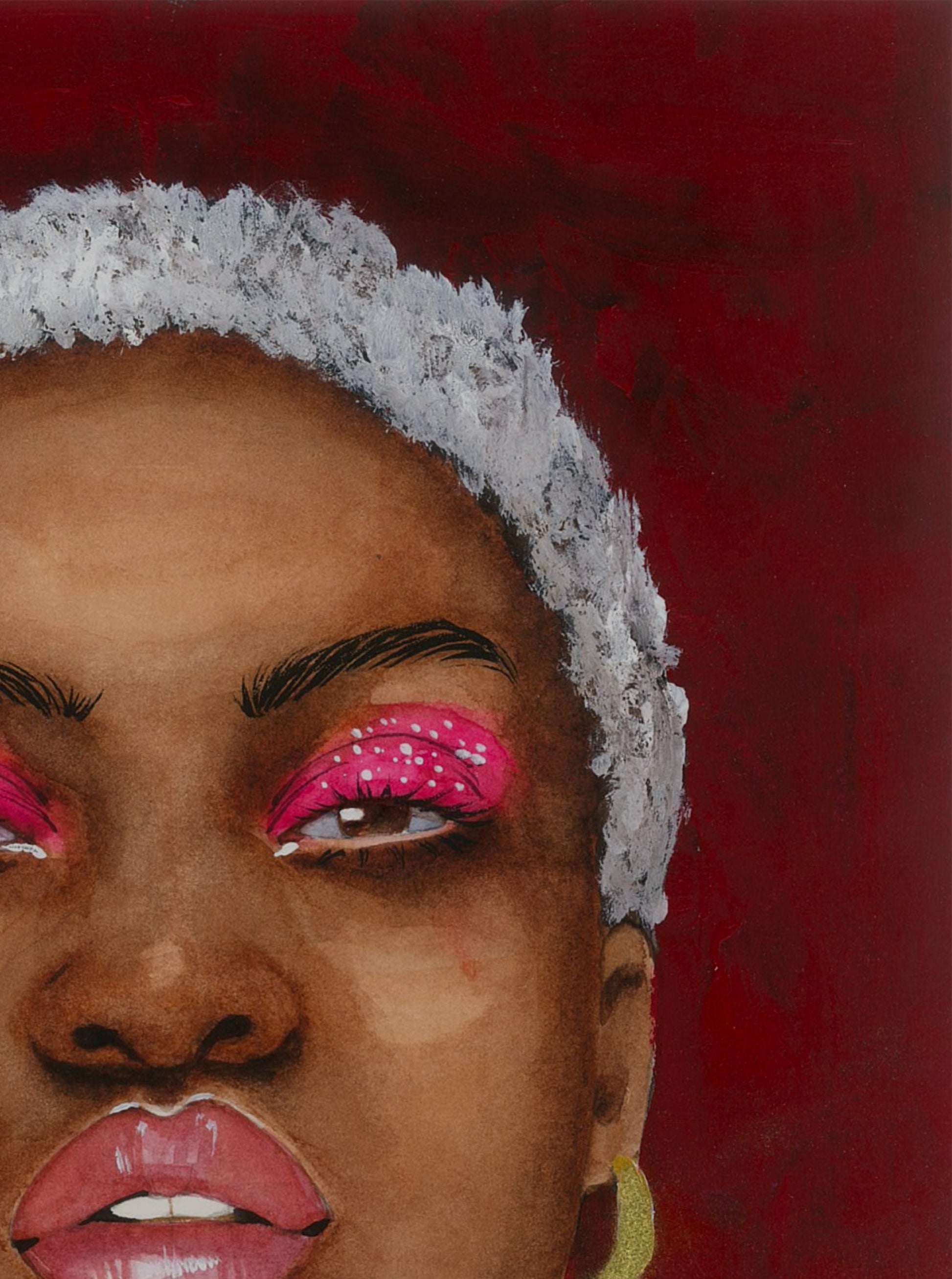 Vibrant watercolor portrait by Victoria Kagalovska: woman with silver hair, pink eyeshadow dots