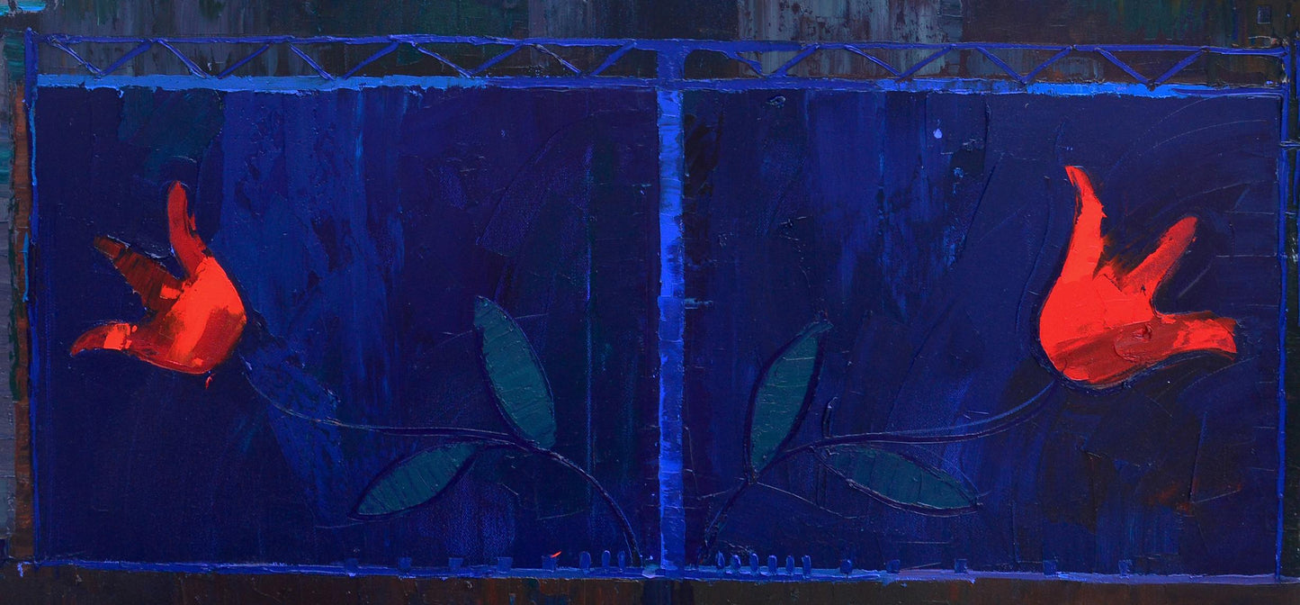 Vibrant red birds on blue textured canvas with green leaves by Natalia Korf-Ivaniuk