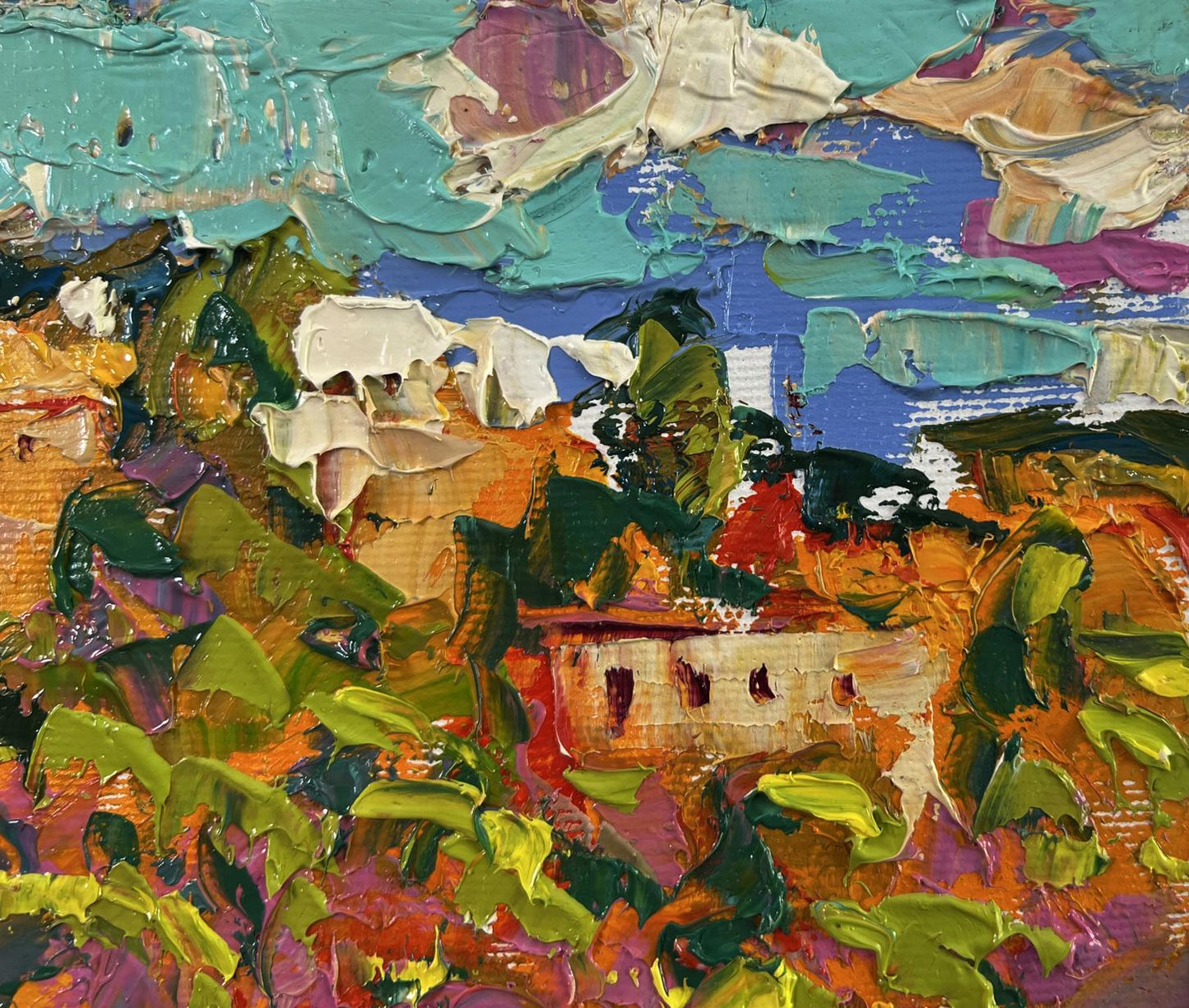 Vibrant impressionist oil painting by Oleksiy Ivanyuk of daytime city dynamics