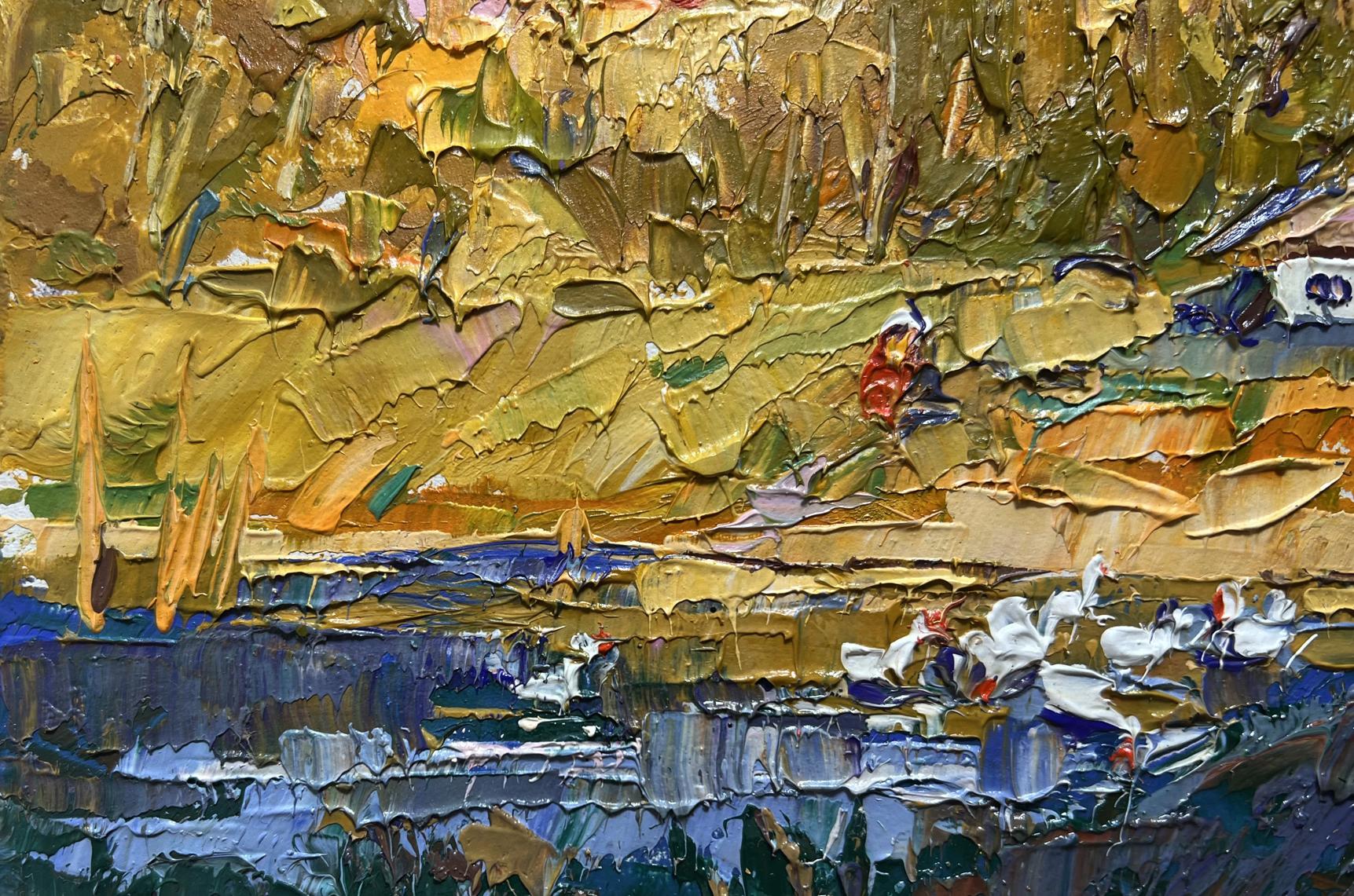 Oil painting of splashing ducklings by Oksana Ivanyuk with golden landscape and lilies