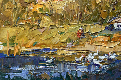 Oil painting of splashing ducklings by Oksana Ivanyuk with golden landscape and lilies