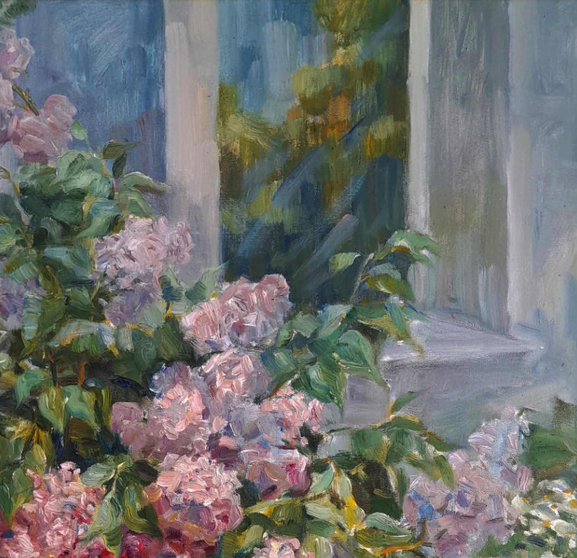 Impressionistic oil painting of pink lavender lilac blossoms by Ivan Kovalenko