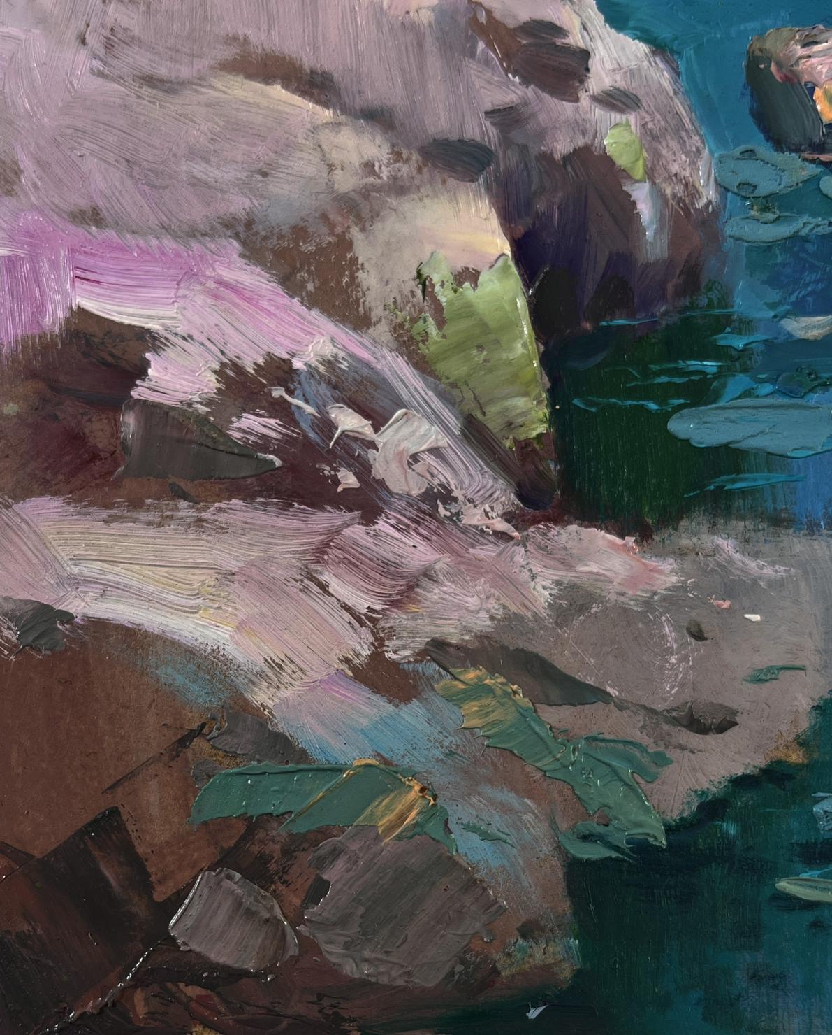 Oil painting of boats on rocky shore by Yuriy Suprunchuk