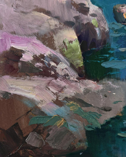 Oil painting of boats on rocky shore by Yuriy Suprunchuk