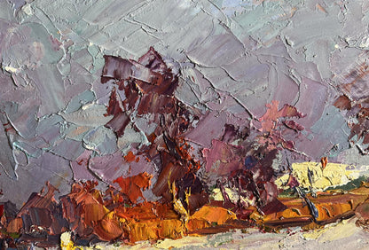 Oil painting Sunny day in winter by Boris Serdyuk, purple orange brushstrokes