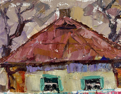 Oil painting Yard in Sunset Light by Oksana Ivanyuk: textured reddish-brown roof and chimney on gray-purple walls