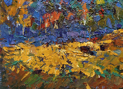 Oil painting Autumn light fog by Oksana Ivanyuk, vibrant yellow blue green impasto