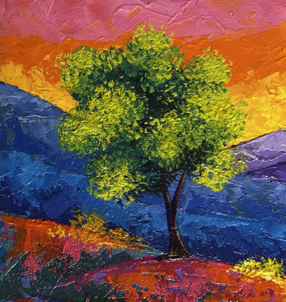 Vibrant oil painting by V. Zadorozhnya: green tree in sunset mountain valley