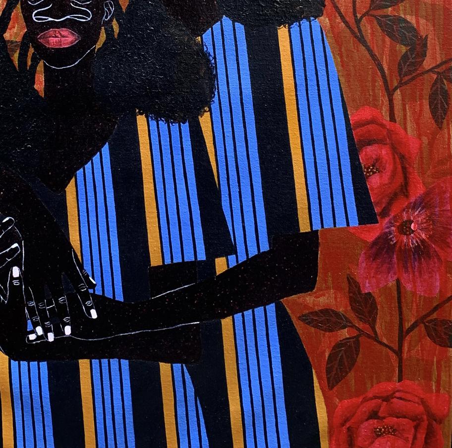 Acrylic painting We Hold Each Other by Akintomide Akinshola, black figure in blue-yellow stripes