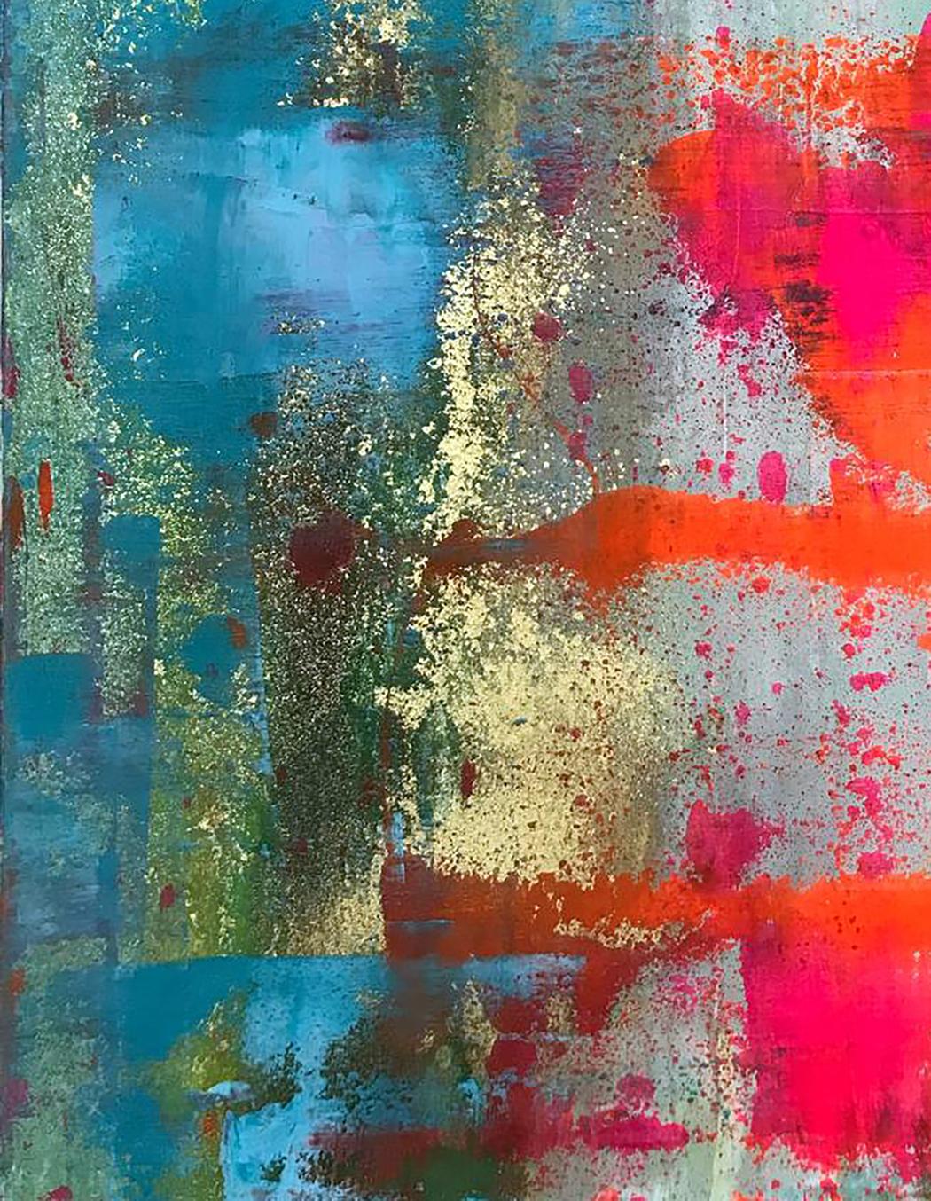 Holiday vibrant abstract canvas with bold blue, red, gold splashes