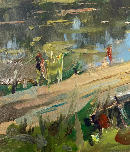 Impressionistic oil painting of boat in lumber mill by Yuriy Suprunchuk