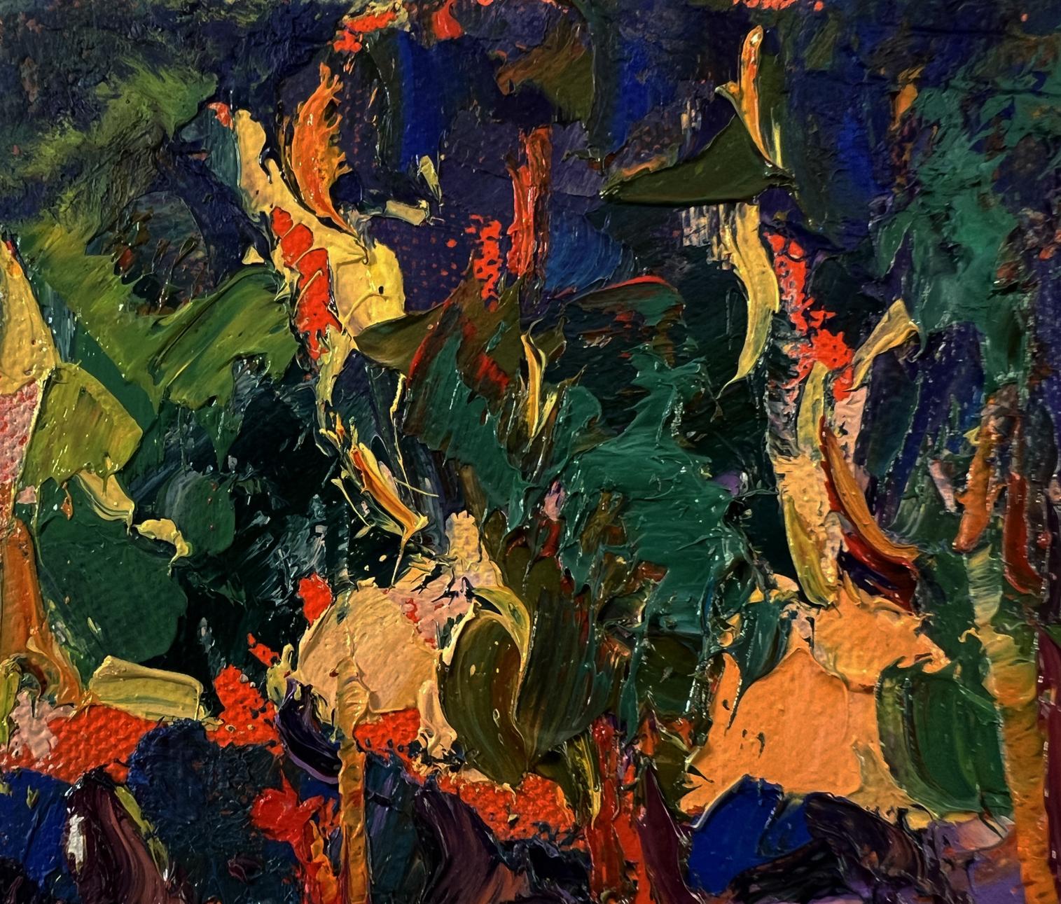 Vibrant oil painting of orange sunset behind trees by Oksana Ivanyuk