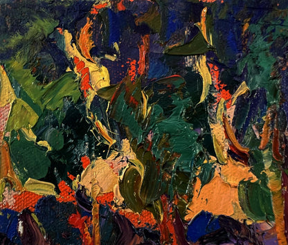 Vibrant oil painting of orange sunset behind trees by Oksana Ivanyuk