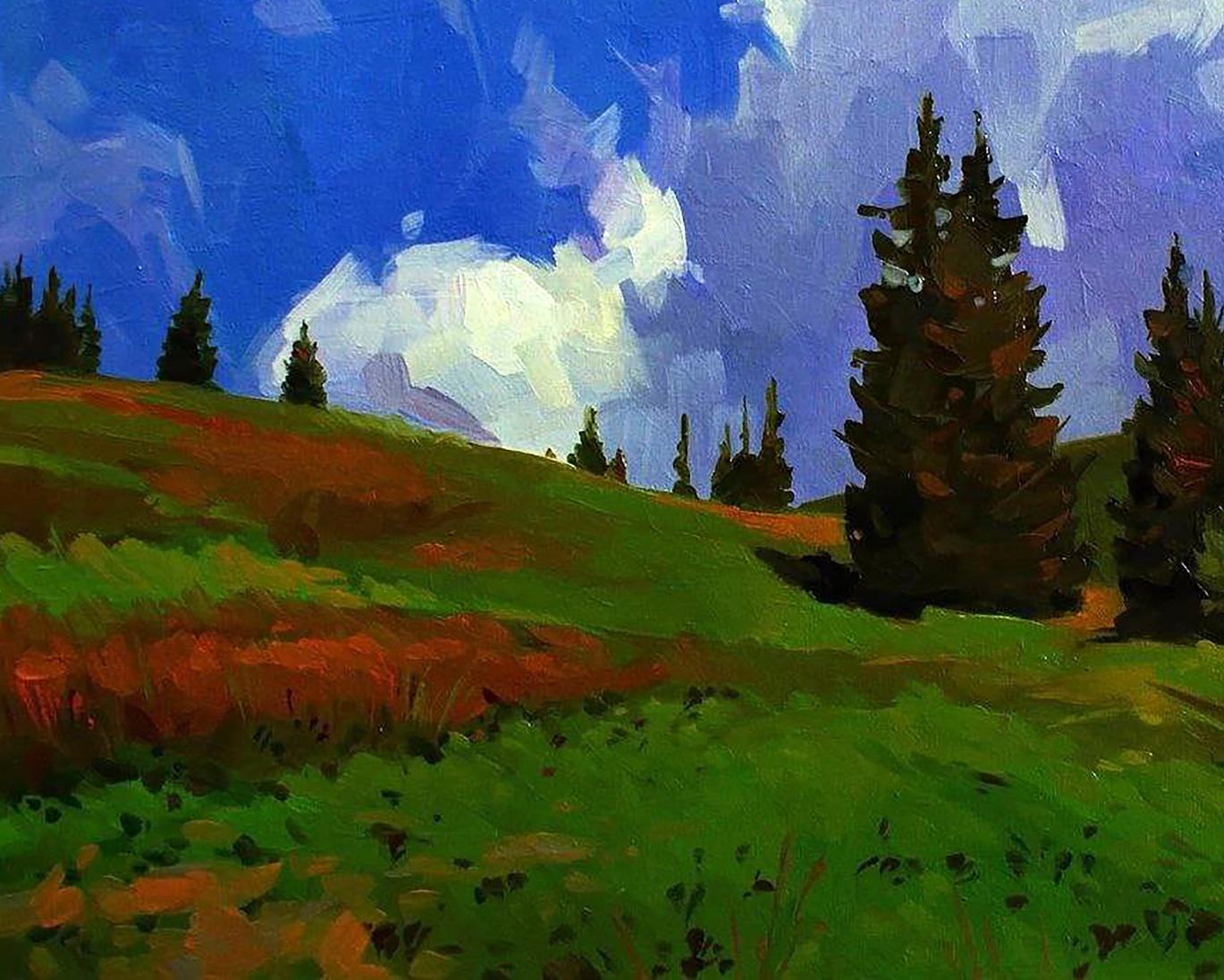 Vibrant impressionist oil painting of mountain forests by Anastasia Yaroshevich