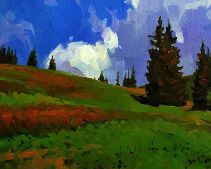 Vibrant impressionist oil painting of mountain forests by Anastasia Yaroshevich