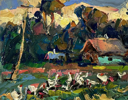 Vibrant impressionist oil painting of geese walking in evening by Oleksiy Ivanyuk