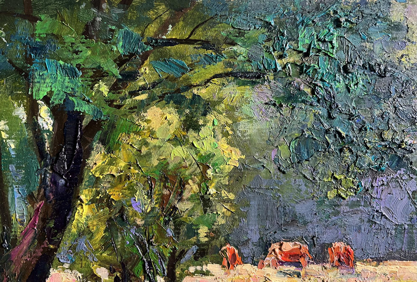 Vibrant impressionistic oil painting Walking the cows by Boris Serdyuk
