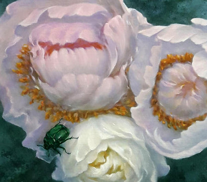 Lush pale pink and white peonies with golden centers by Vasily Korkishko oil painting