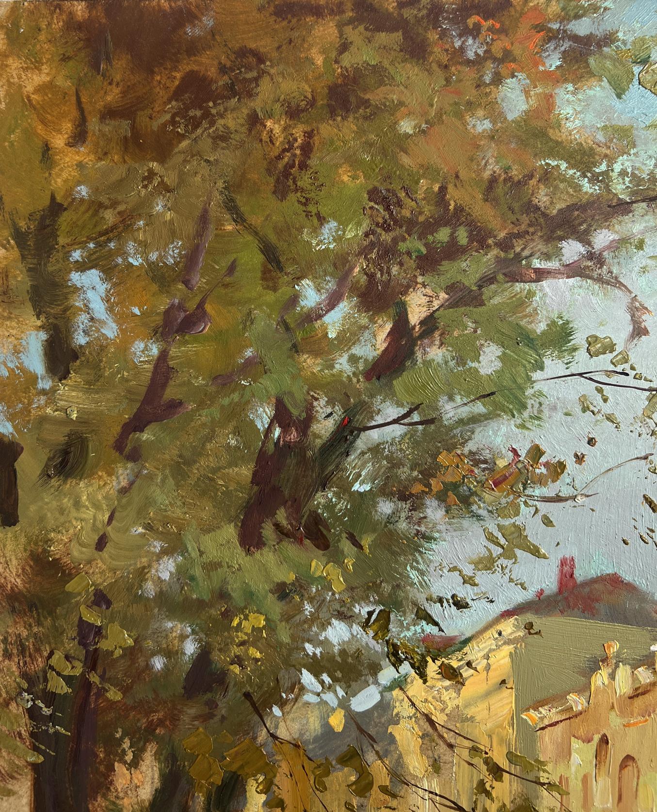 Textured impressionist oil painting of autumn park branches by Yuriy Suprunchuk