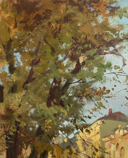 Textured impressionist oil painting of autumn park branches by Yuriy Suprunchuk