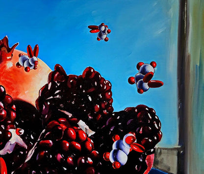 Oil painting by Igor Konovalov: blackberries, pomegranate, whimsical creatures on blue