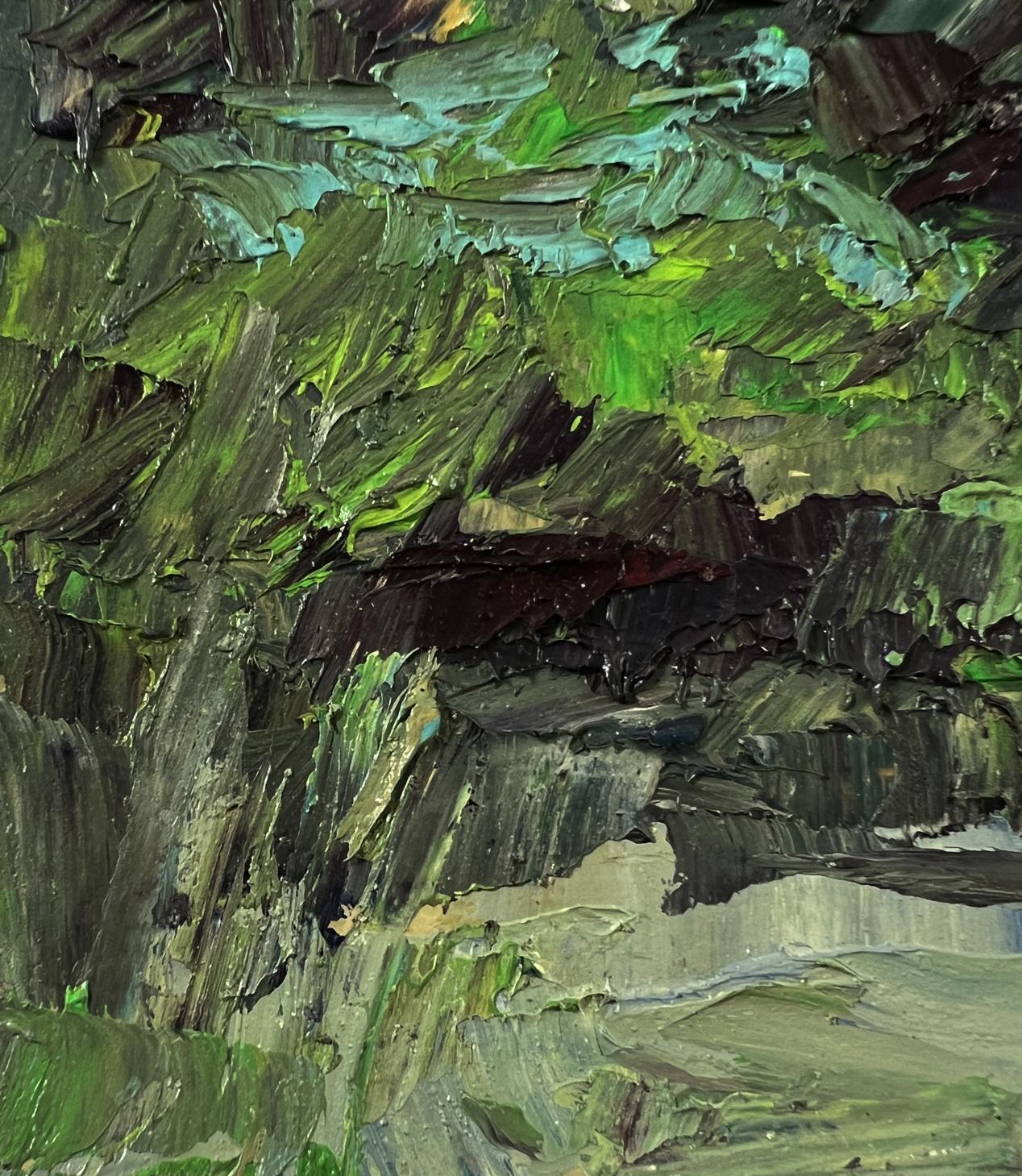 Oil painting Trees above the river by Boris Serdyuk, impasto green earthy strokes