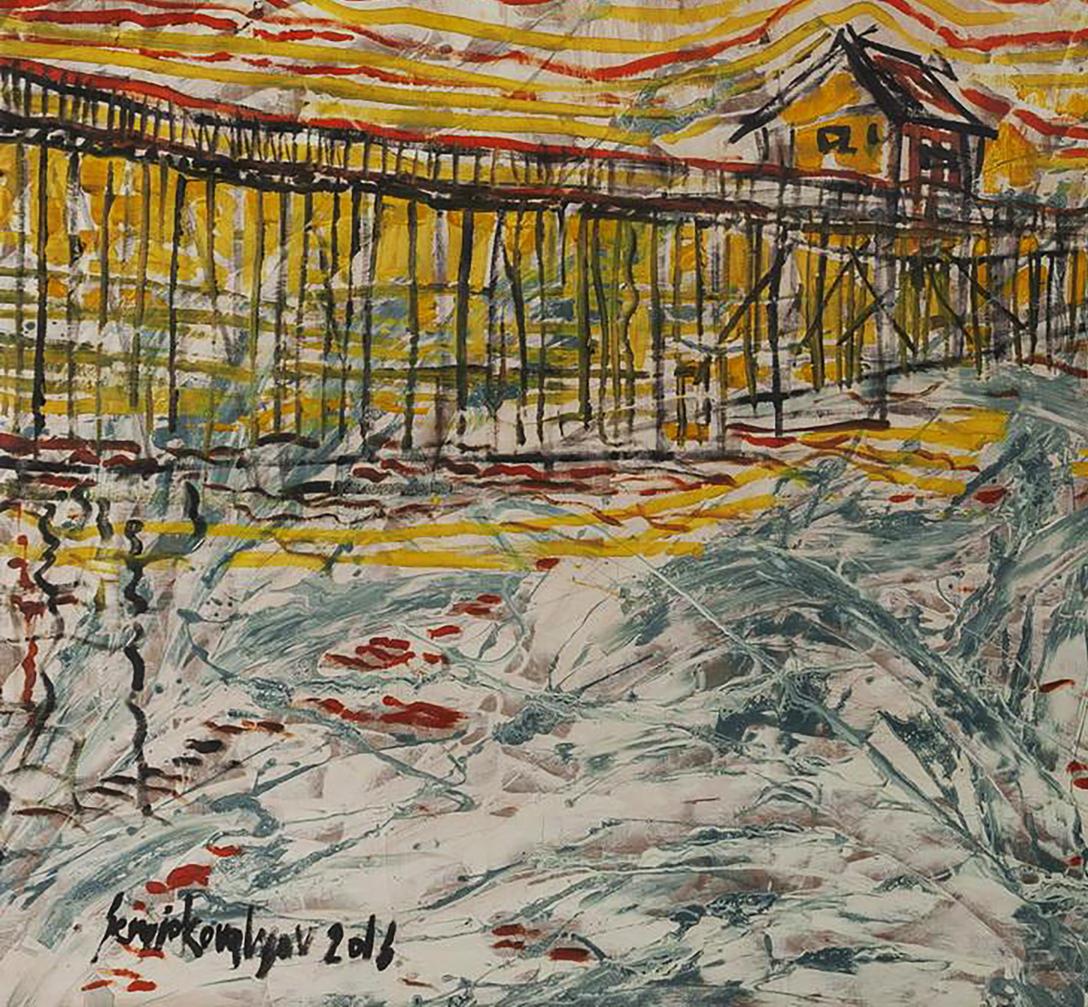 Vibrant Nascer do Sol oil painting by Serhiy Kovalev: pier with yellow red stripes