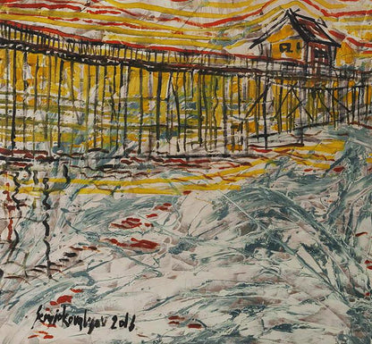 Vibrant Nascer do Sol oil painting by Serhiy Kovalev: pier with yellow red stripes