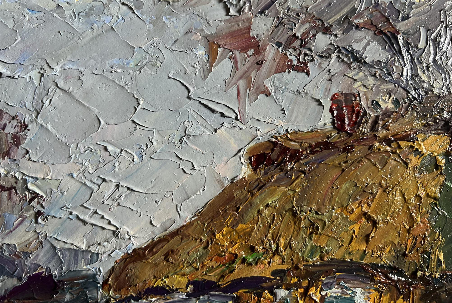 Textured impasto oil painting of geese in yard by Boris Serdyuk in gray gold red