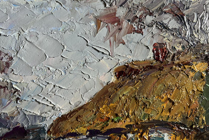Textured impasto oil painting of geese in yard by Boris Serdyuk in gray gold red