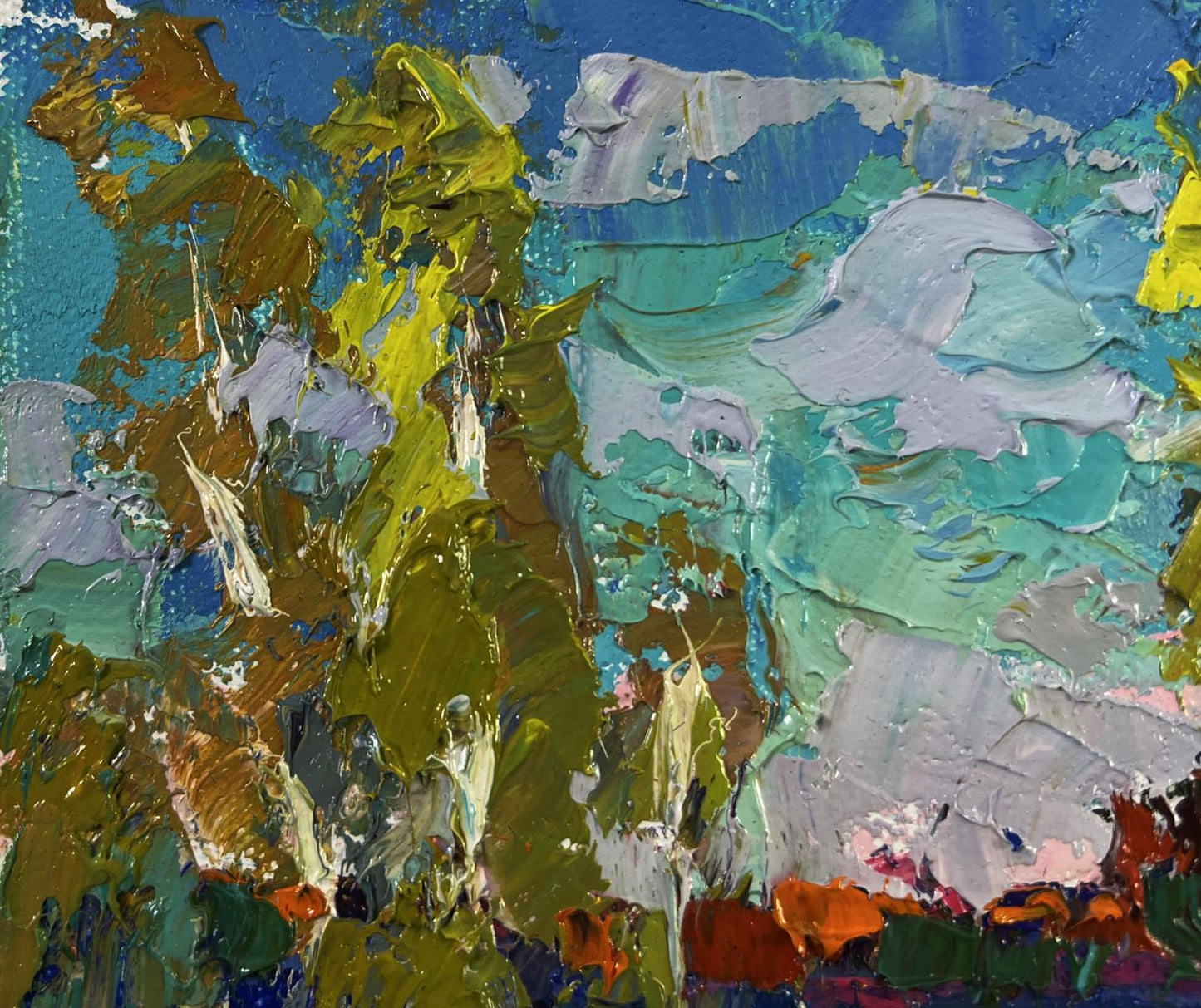 Abstract oil painting The first leaves reflected in water by Oksana Ivanyuk