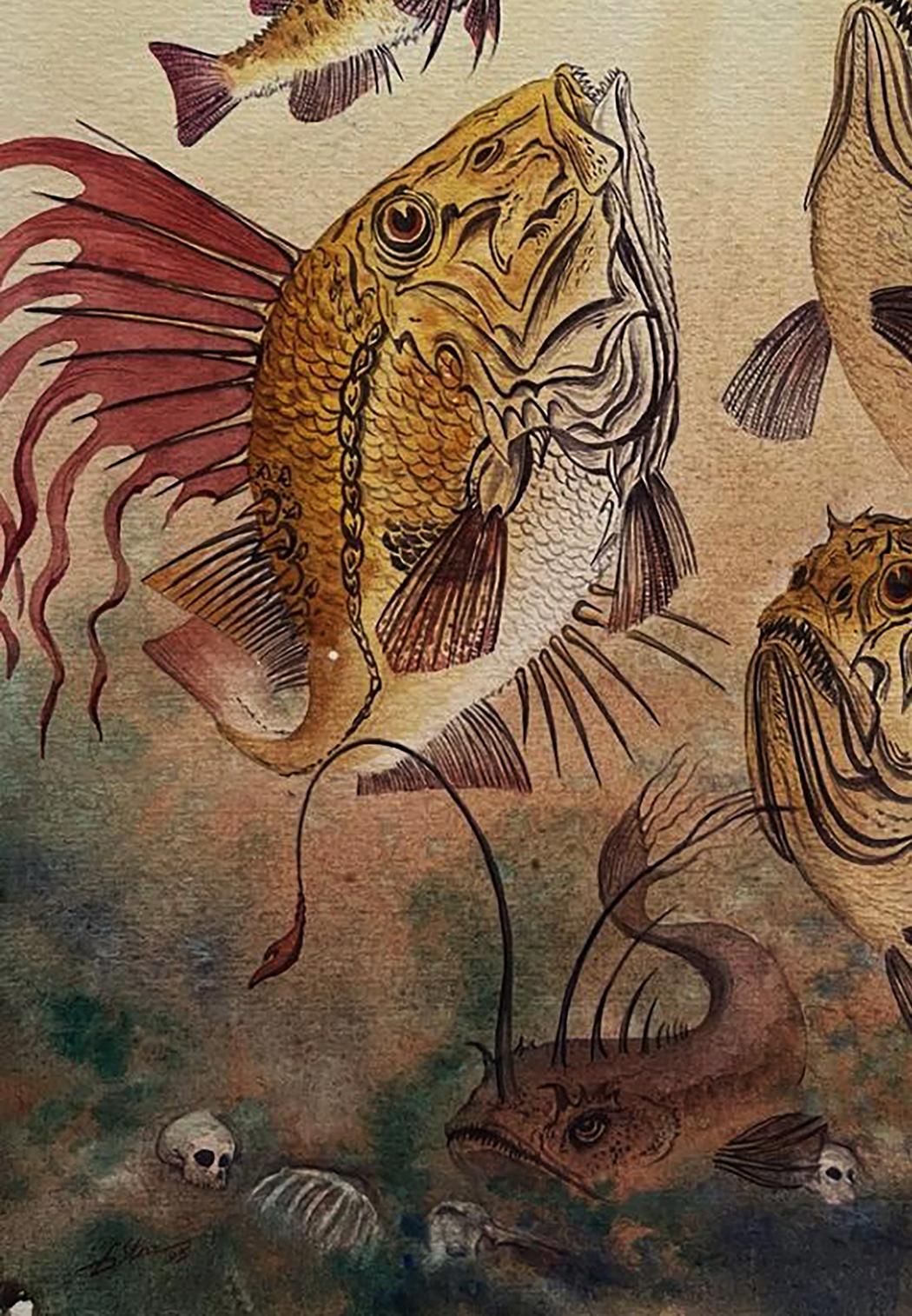 Detailed watercolor of golden predatory fish by Dmytro Startsev
