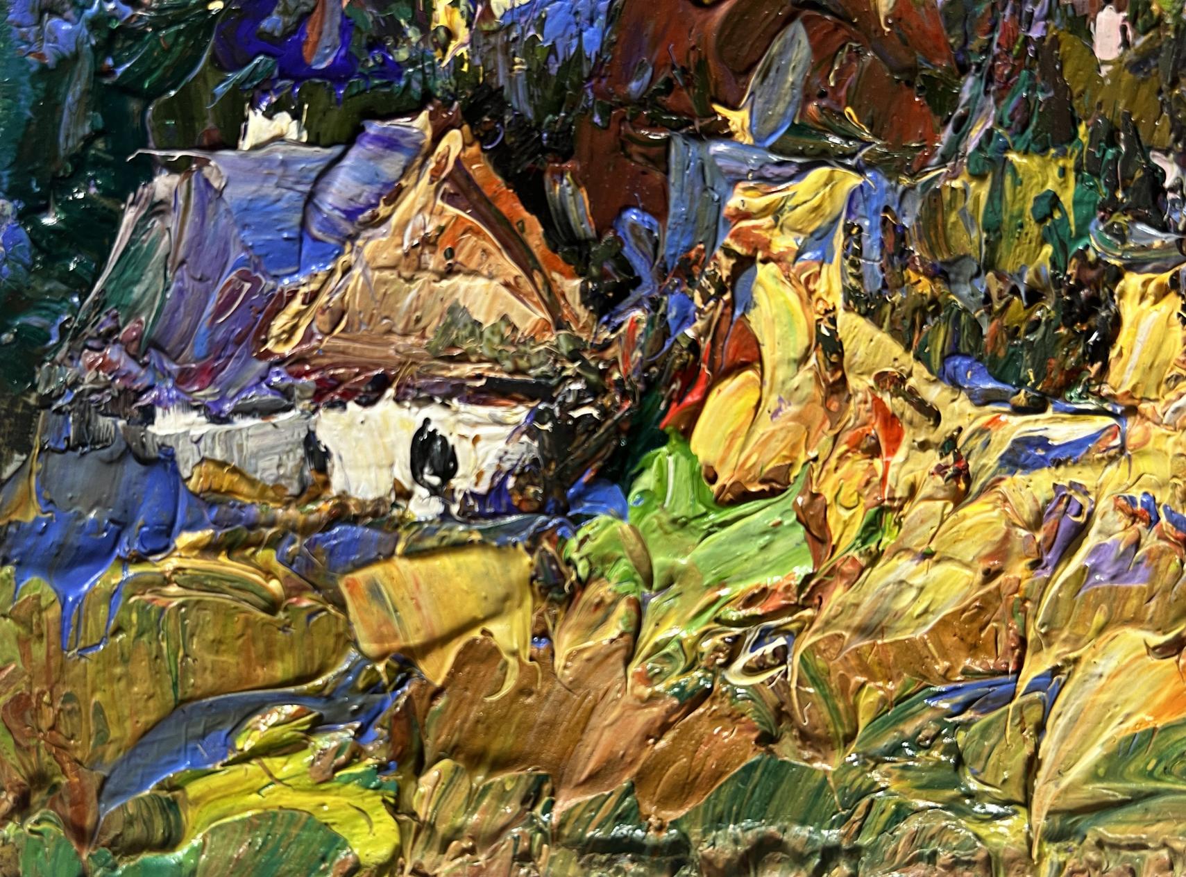 Oil painting of corn fields in village by Oleksiy Ivanyuk with impasto strokes