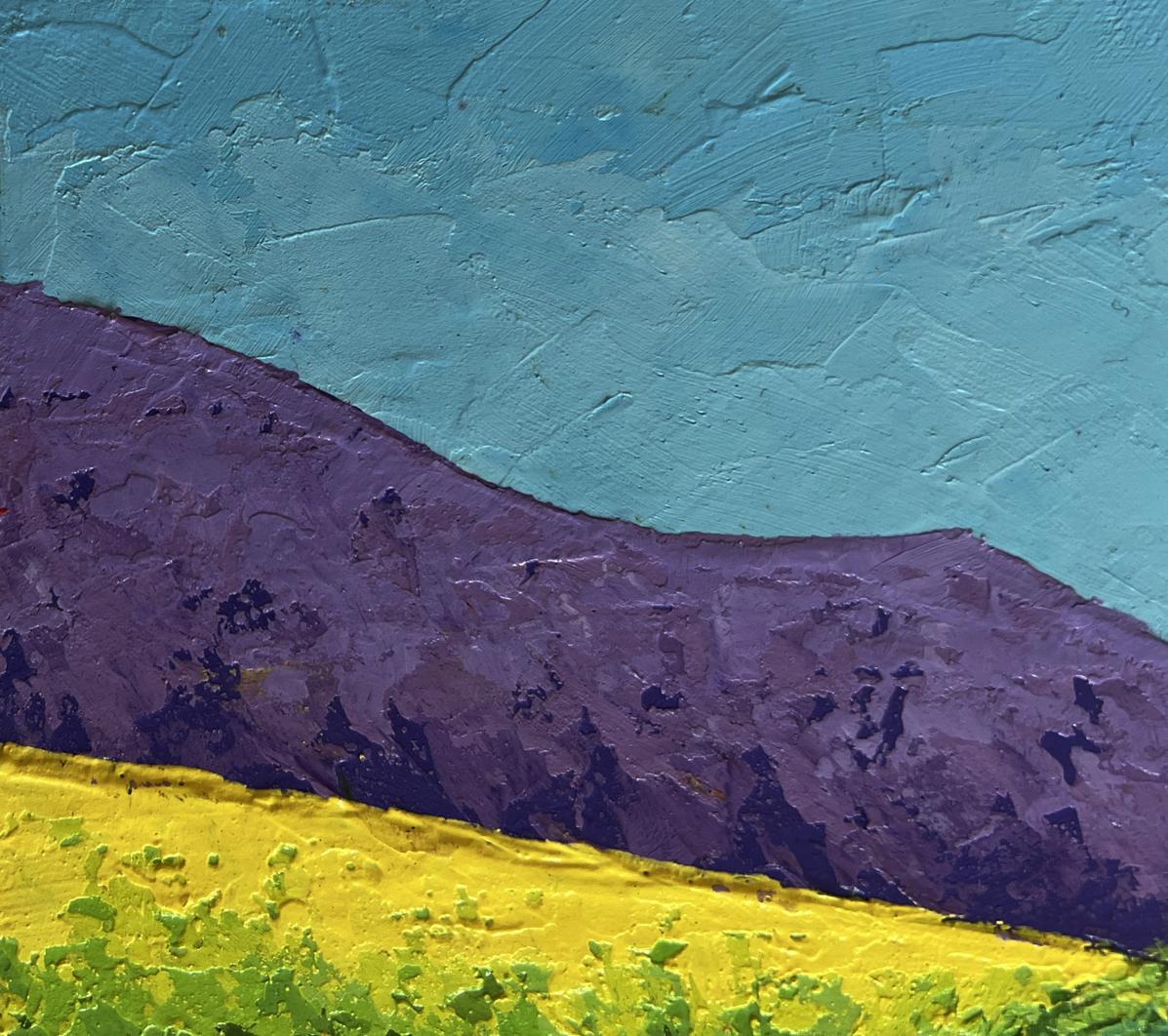 Oil painting Warm wind among the meadows by V. Zadorozhnya, teal sky and purple hills