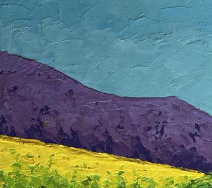 Oil painting Warm wind among the meadows by V. Zadorozhnya, teal sky and purple hills