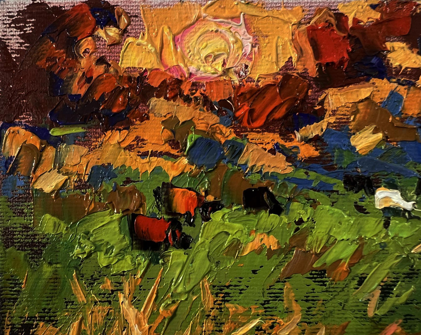 Vibrant Oleksiy Ivanyuk oil painting Sunset over meadows with grazing cattle
