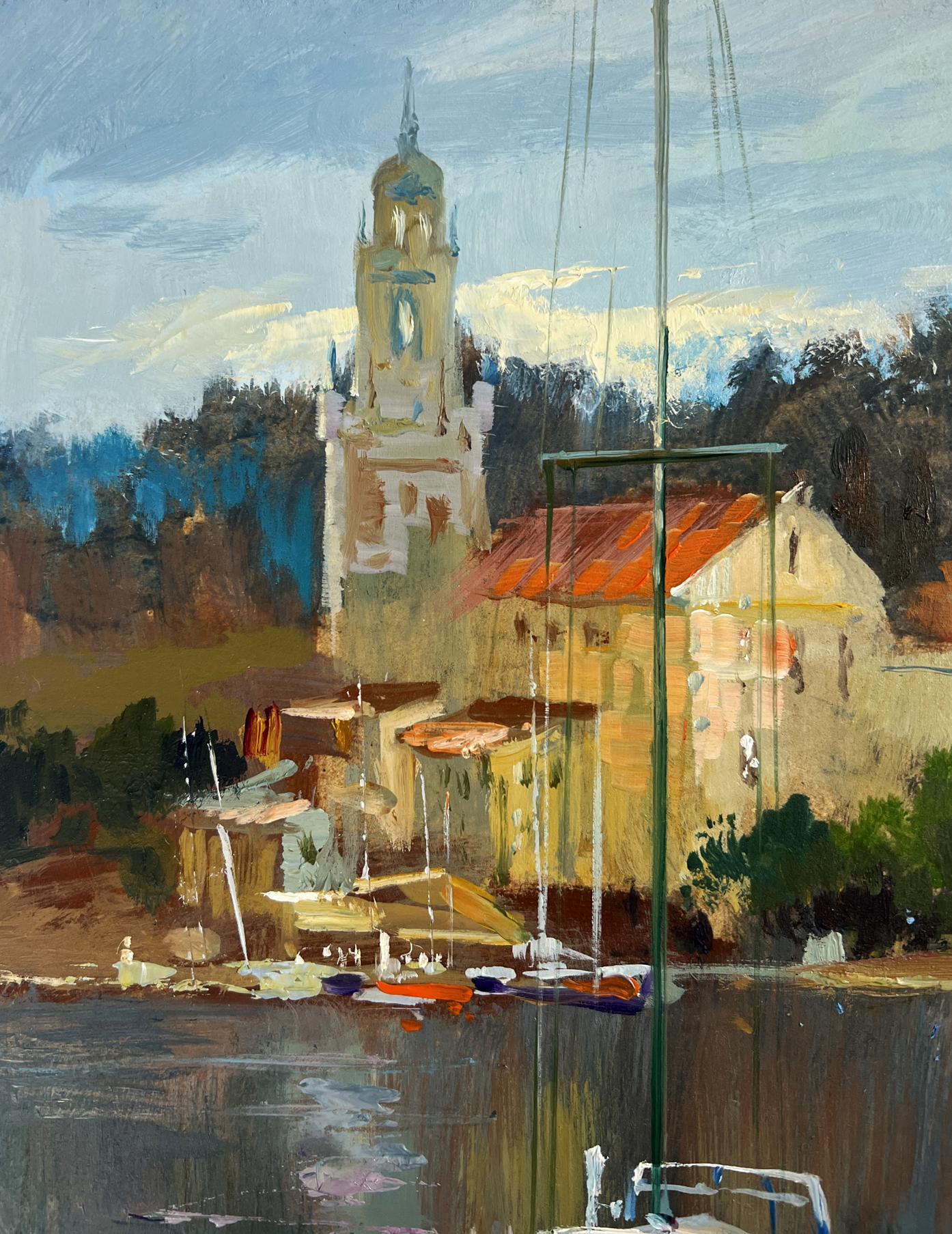 Oil painting Between the sea and the sky by Yuriy Suprunchuk: tall stone tower with golden dome by water