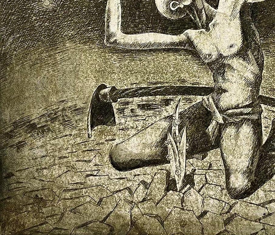 Detailed black-and-white etching of kneeling figure with axe by Oleksandr Zhmailo